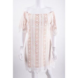 Just Me Womens Off The Shoulder Dress L White Tan Crochet Floral knee length